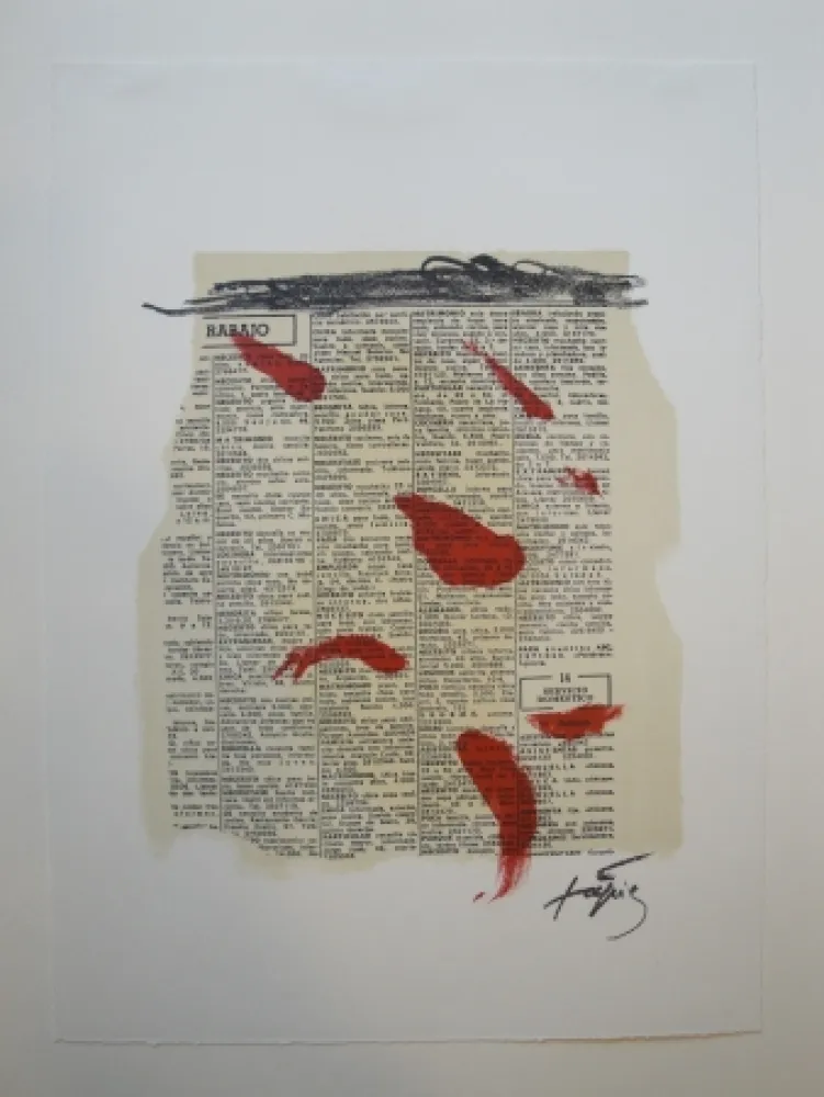Lithografie Tàpies - Rouge sur papier journal