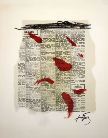 Lithografie Tàpies - Rouge sur papier journal