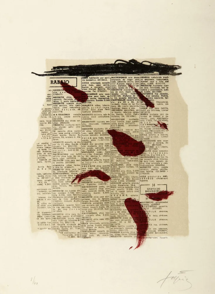 Lithografie Tàpies - Taches Rouges au Journal