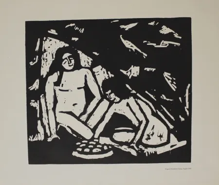 Houtsnede Tappert - Zwei sitzende Mädchenakte