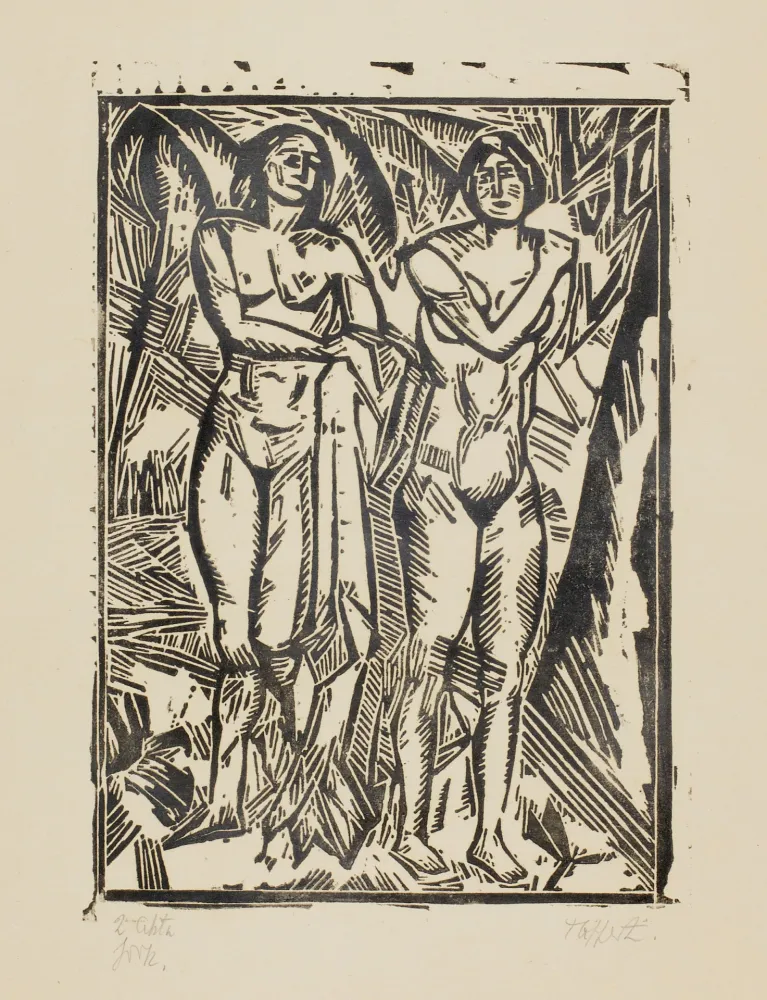 Houtsnede Tappert - Zwei stehende weibliche Akte mit Tuch (Two standing female nudes with cloth)