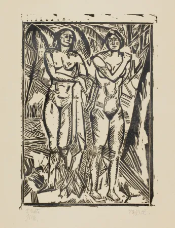 Houtsnede Tappert - Zwei stehende weibliche Akte mit Tuch (Two standing female nudes with cloth)