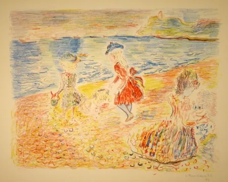Lithografie Terechkovich - Trois enfants sur une plage / Drei spielende Mädchen am Strand