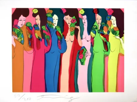 Zeefdruk Ting - Geishas aux perroquets