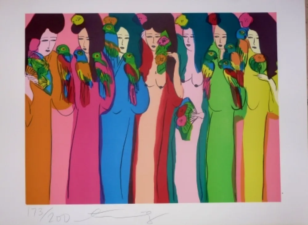 Lithografie Ting - Geishas et perroquets