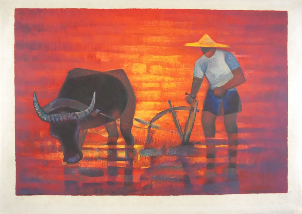 Lithografie Toffoli - Labourage (Paysan tonquinois)