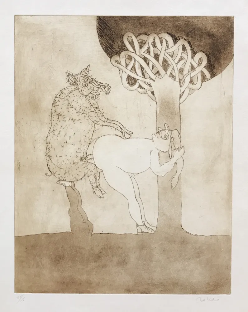 Gravure Toledo - Pig and Man by Tree