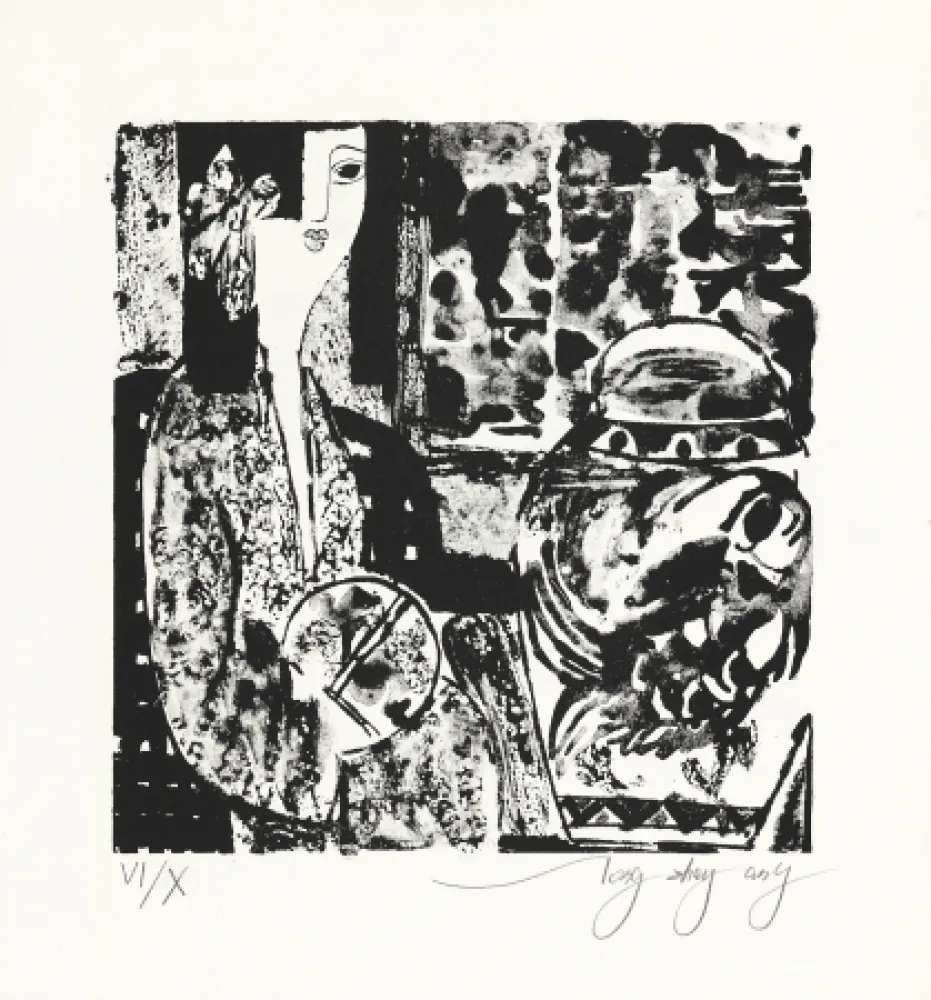 Lithografie Tongzhengang - Femme à l'éventail