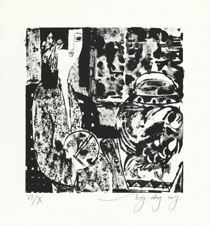 Lithografie Tongzhengang - Femme à l'éventail