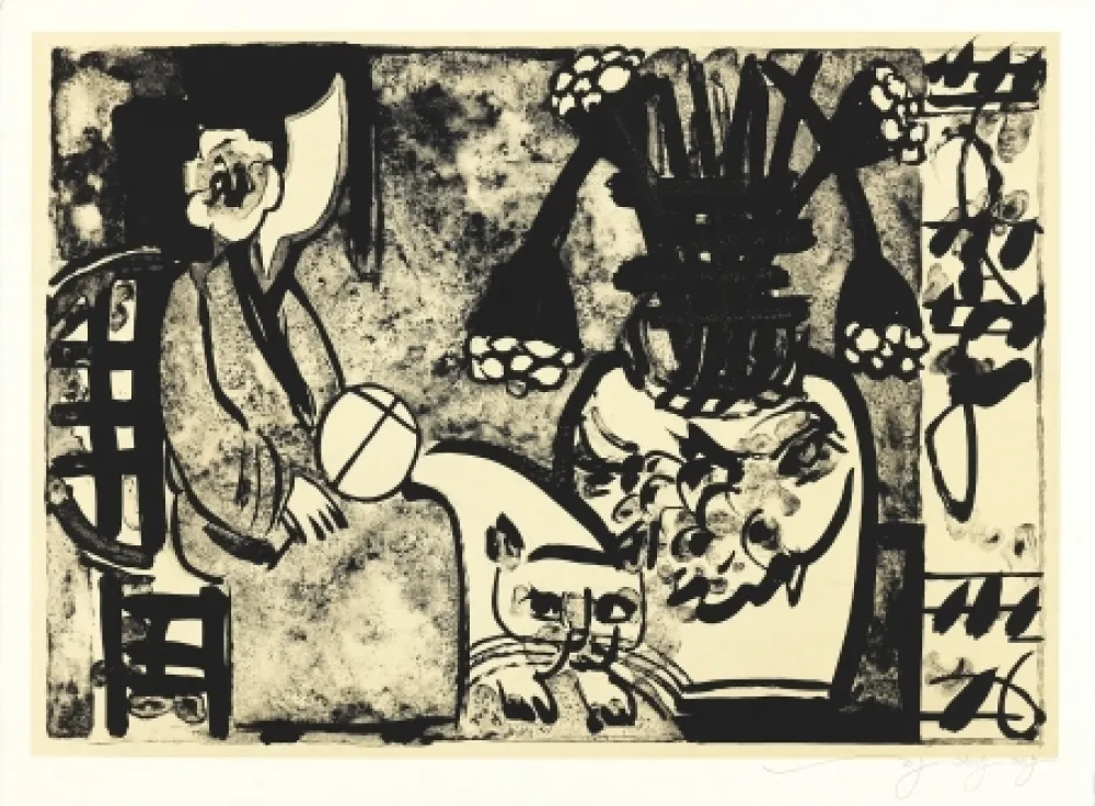 Lithografie Tongzhengang - Femme au chat et  a l'éventail