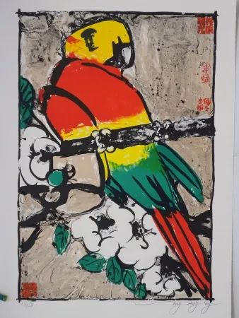 Lithografie Tongzhengang - Perroquet fond beige