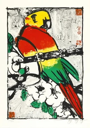 Lithografie Tongzhengang - Perroquet fond blanc