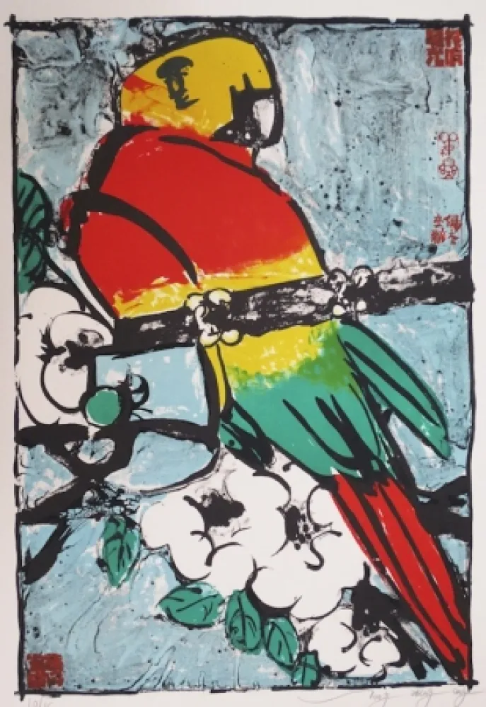 Lithografie Tongzhengang - Perroquet fond bleu 
