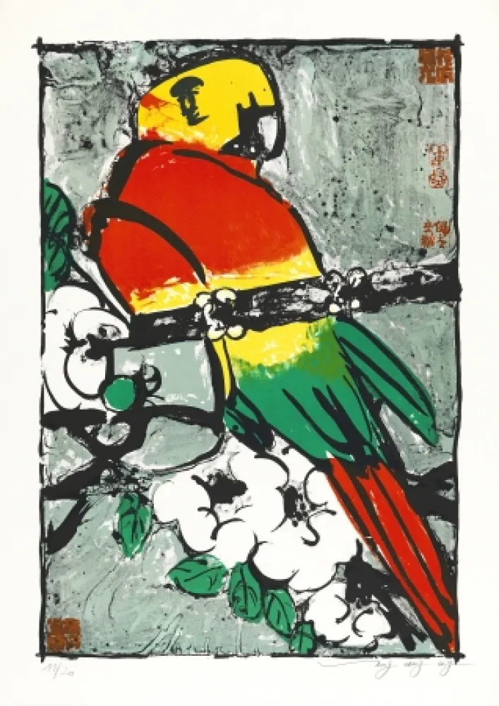Lithografie Tongzhengang - Perroquet  fond gris bleu