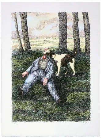 Lithografie Topor - Aux environs de Noisy-sous-Ecole, M. Louis Delillieau, 70 ans, tomba mort : insolation. Vite son chien Fidèle lui mangea la tête 