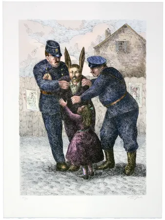 Lithografie Topor - Le lapin de Montmartre (Lucien Undreiner) est arrêté. On le soupçonne d'un cambriolage (Asnières) et d'un meutre (Courbevoie)