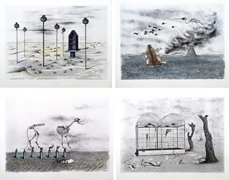 Geïllustreerd Boek Toyen - Jindrich Heisler : CACHE-TOI GUERRE ! Cycle de Neuf Dessins. 1944. Ex. aquarellé.