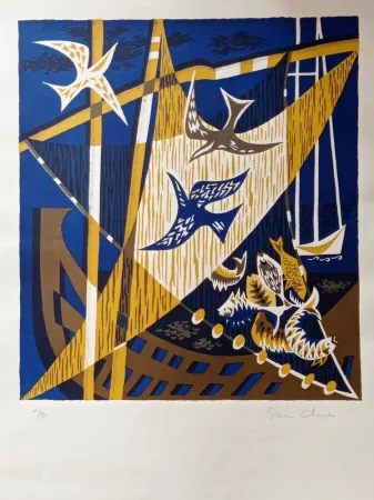 Lithografie Unknown - Simon Chaye(n.1930) - Composition with Birds, 1970s, Hand signed  Lithograph