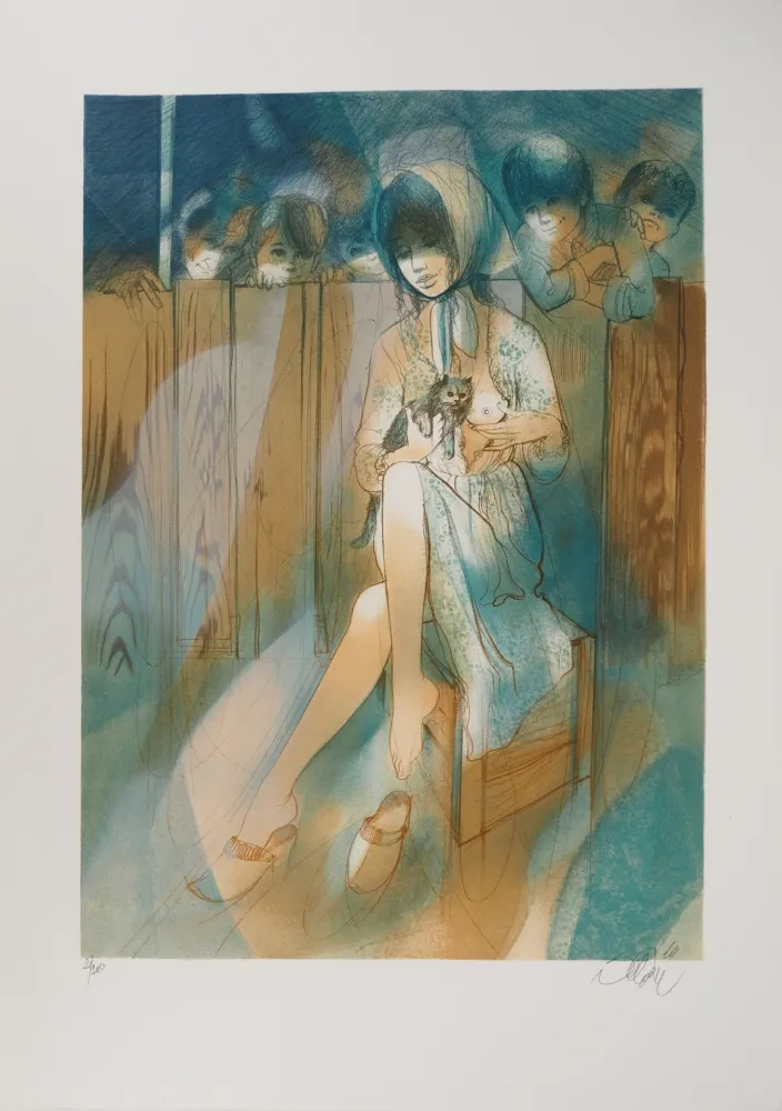 Lithografie Valadie - Brassens, Brave Margot et son chat