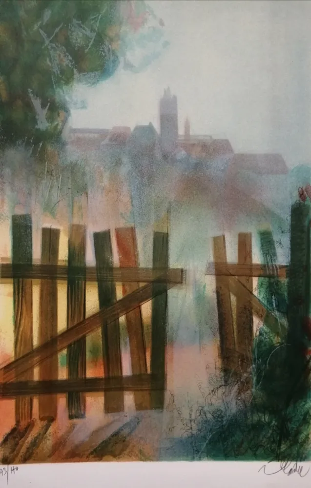 Lithografie Valadie - Brume sur Felletin - Limousin