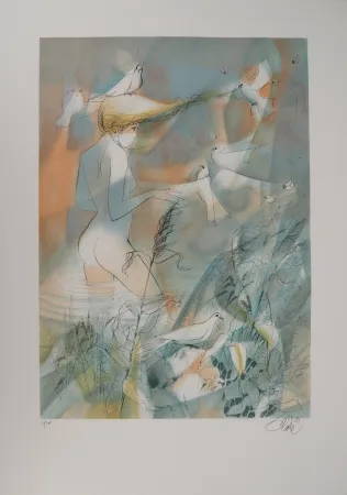 Lithografie Valadie - Dans l'eau de La Claire Fontaine