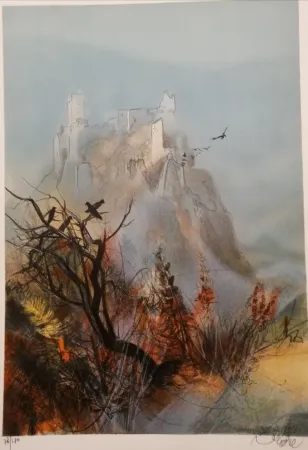 Lithografie Valadie - Ruines de Merle - Limousin