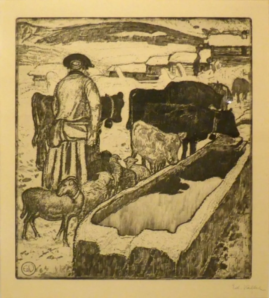 Ets En Aquatint Vallet - Le troupeau à l'abreuvoir / Die Herde an der Tränke
