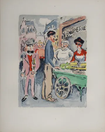 Lithografie Van Dongen - Van Dongen et Roland Dorgelès, Le Marché de la rue des Abbesses, 1949