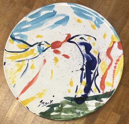 Keramiek Vandercam - Grand plat en terre cuite vernissée Les oiseaux 84 cm San Giorgio Albisola