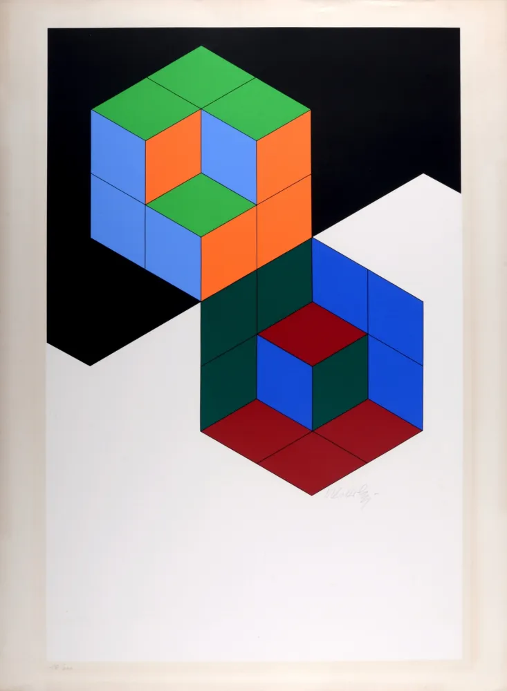 Zeefdruk Vasarely - Bi-Hexa , 1975