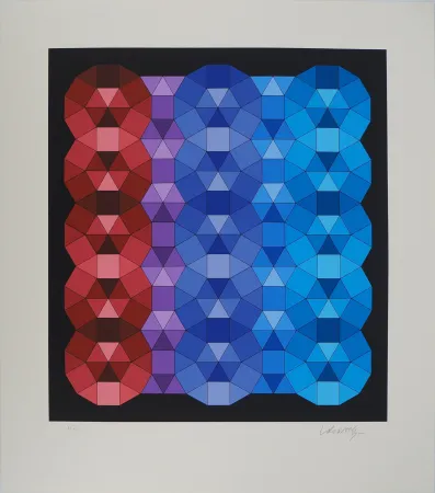 Zeefdruk Vasarely - Composition cinétique en rouge, noir et violet (YKA