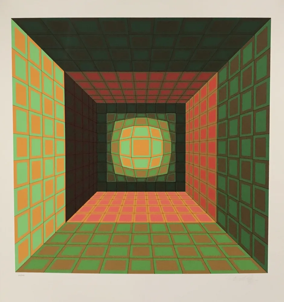 Zeefdruk Vasarely - Green and Orange Composition
