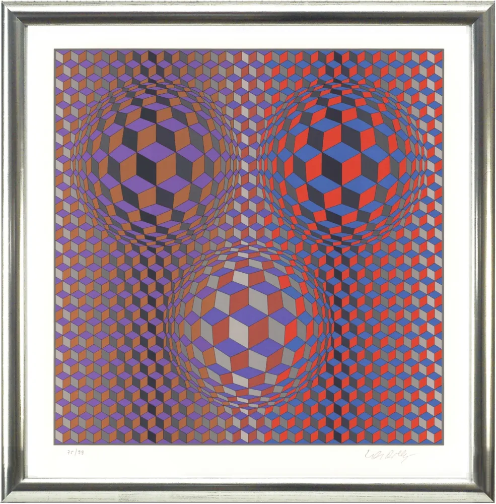 Lithografie Vasarely - Komposition in Rot und Violett