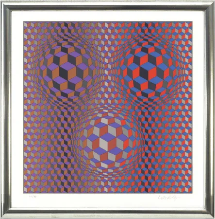 Lithografie Vasarely - Komposition in Rot und Violett
