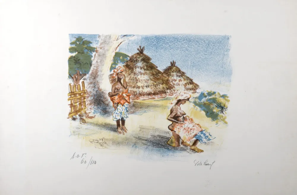 Lithografie Villeboeuf  - Deux femmes africaines au village, c.1970, Hand-signed!