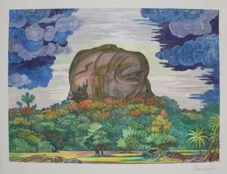 Lithografie Von Gugel - Der Fels von Sigiriya bei Tag / The Rock of Sigiriya at Daytime