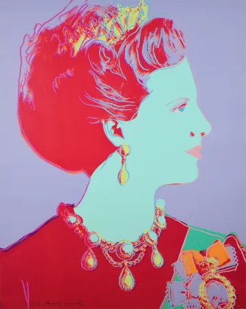 Zeefdruk Warhol - Reigning Queens Series, Queen Margrethe II of Denmark (Violet)