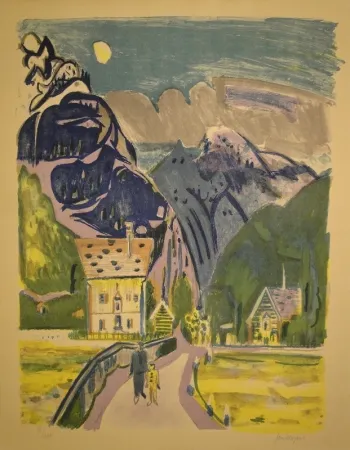 Lithografie Wiegers  - Bergdorf bei Davos
