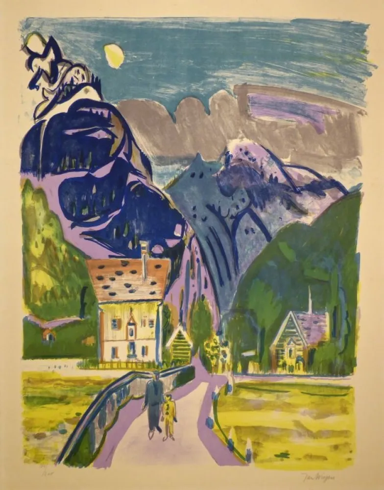 Lithografie Wiegers  - (Bergdorf bei Davos)