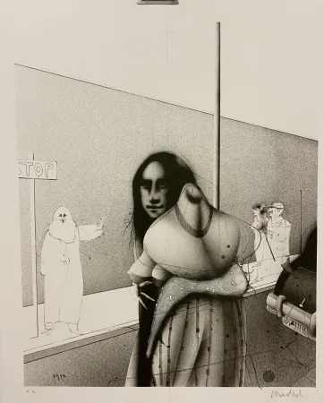 Lithografie Wunderlich - Strassenszene