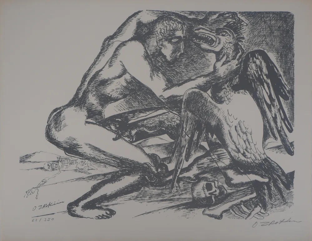 Lithografie Zadkine -  Mythologique Hercule lutte contre un oiseau du lac de Stymphale