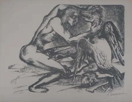 Lithografie Zadkine -  Mythologique Hercule lutte contre un oiseau du lac de Stymphale