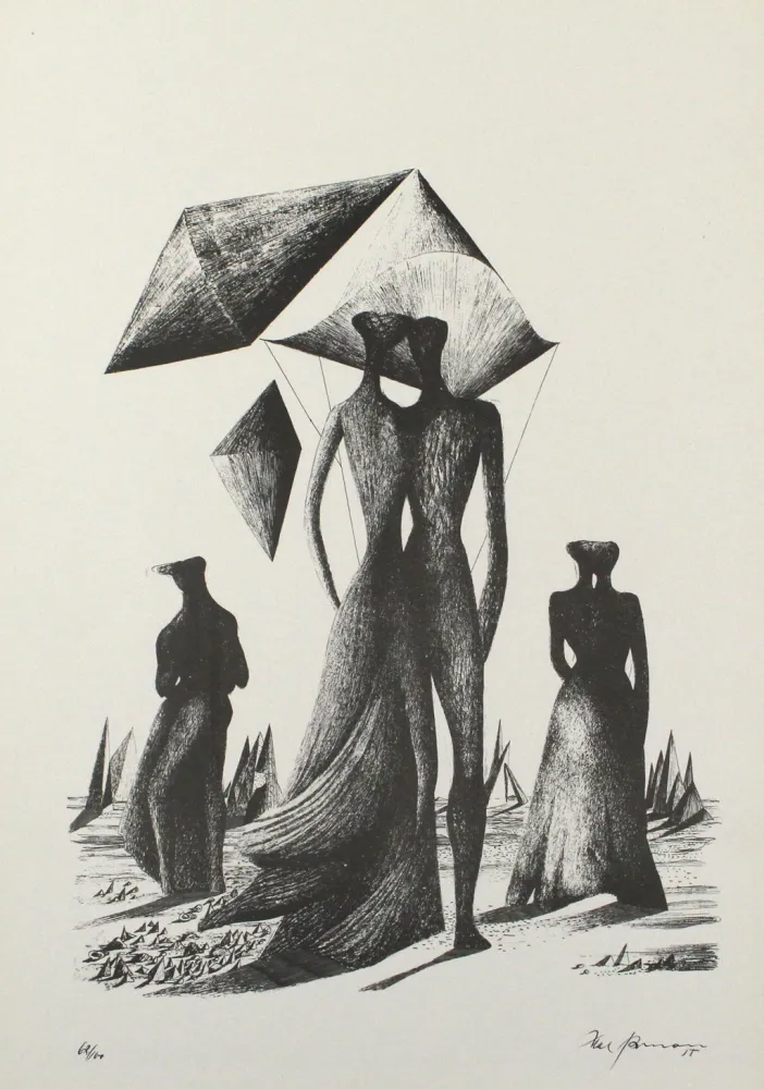 Lithografie Zimmermann - Paar mit Himmelskörpern