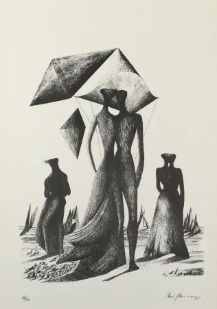 Lithografie Zimmermann - Paar mit Himmelskörpern