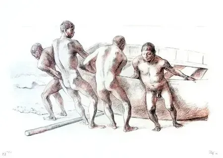 Lithografie Zuniga - Hommes à la barque II, (1984)